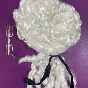 Halloween costume - colonial wig and spectacle glasses.